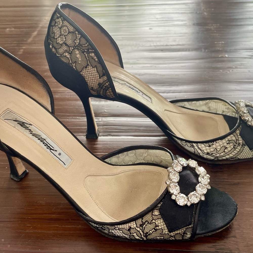 Brian Atwood black satin cloth heels size 37 1/2.